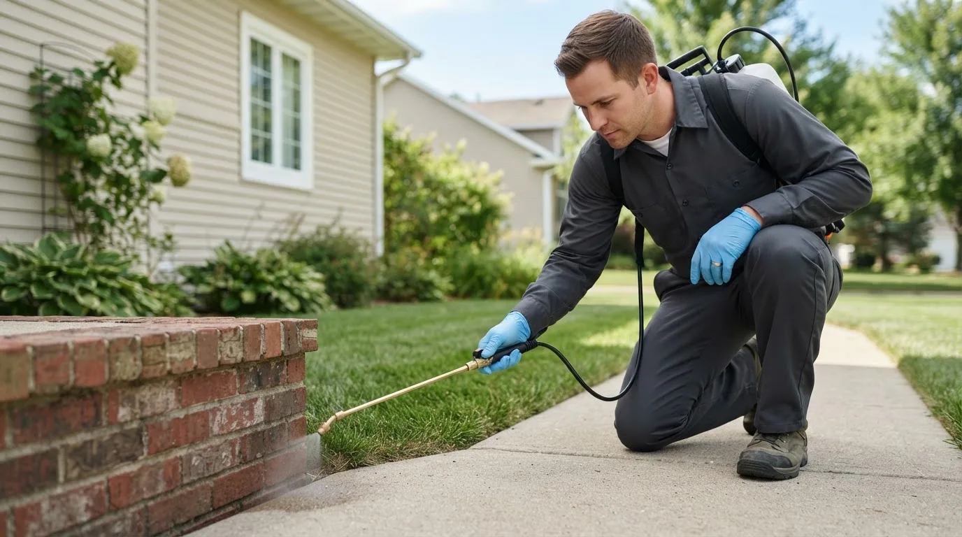 Pest control technician treating a home near Underwood, ND